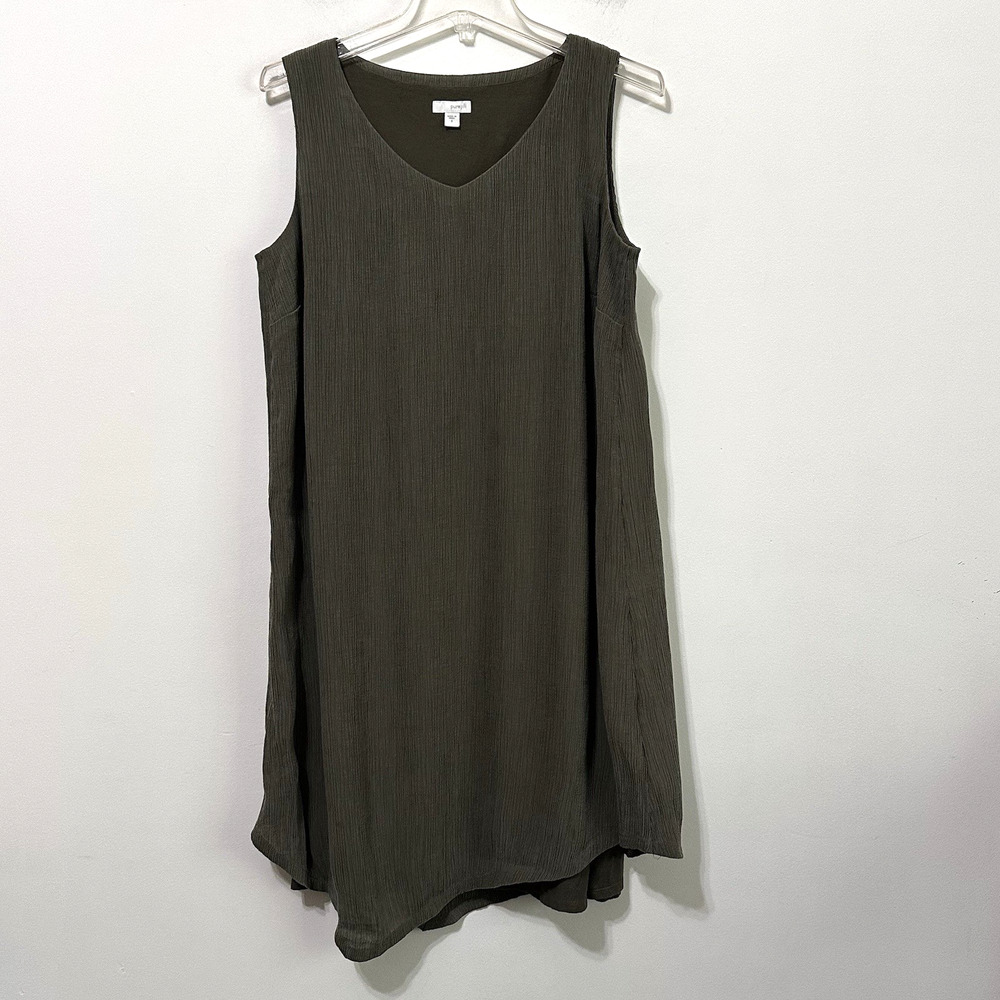 J Jill Pure Jill Shift Dress S Olive Green Crinkle Lined Layered Hem Sleeveless
